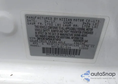 2017 Nissan Versa 1.6 Sv z USA, uszkodzony, nr VIN 3N1CN7AP5HL871013